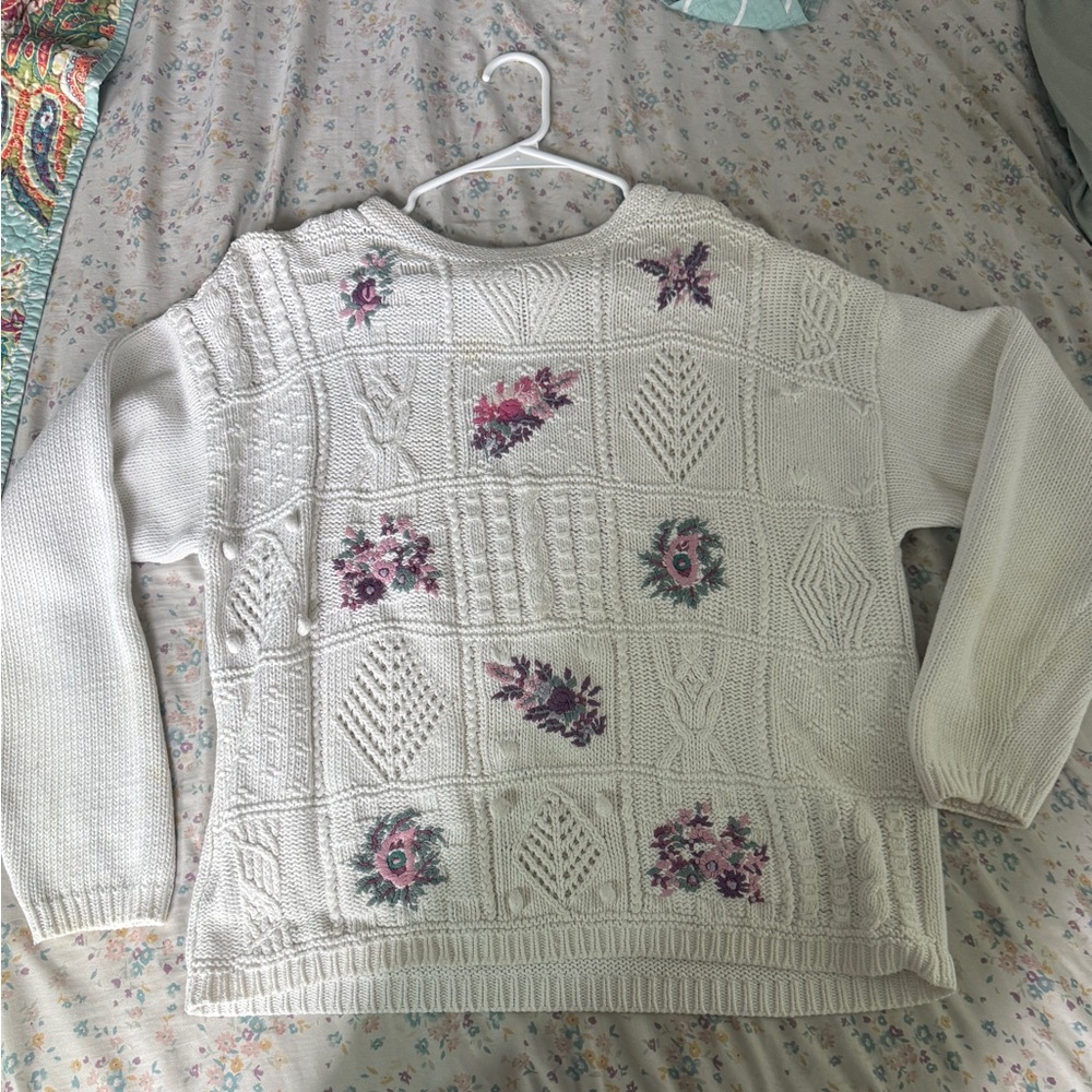 Floral Knit Women's Sweater - Cream and Purple
